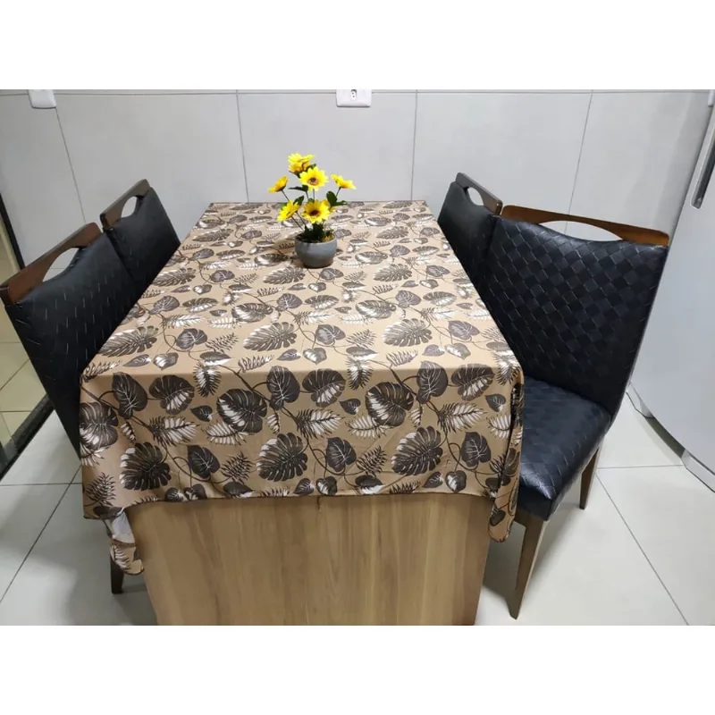 Toalha de Mesa de Cozinha Copa Sala de Jantar 12 Lugares 4,50m x 1,40m Malha Gel Estampa 5 Folhagem Tabaco