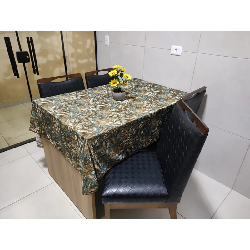 Toalha de Mesa de Cozinha Copa Sala de Jantar 12 Lugares 4,50m x 1,40m Malha Gel Estampa 9 Folhagem Bege e Azul