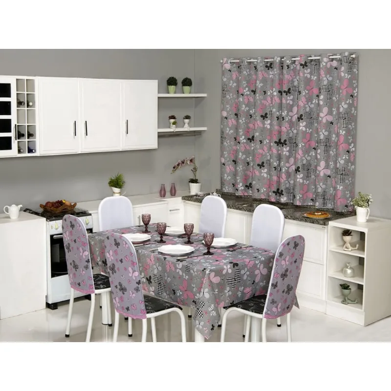 Kit 4 Capas de Cadeira + Toalha de Mesa + Cortina Sala de Jantar Cozinha dos Sonhos Completa Borboleta Cinza e Rosa