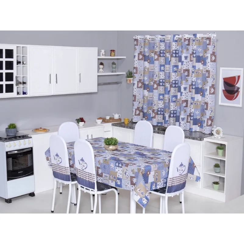 Kit 6 Capas de Cadeira + Toalha de Mesa + Cortina Sala de Jantar Cozinha dos Sonhos Completa Bule Azul