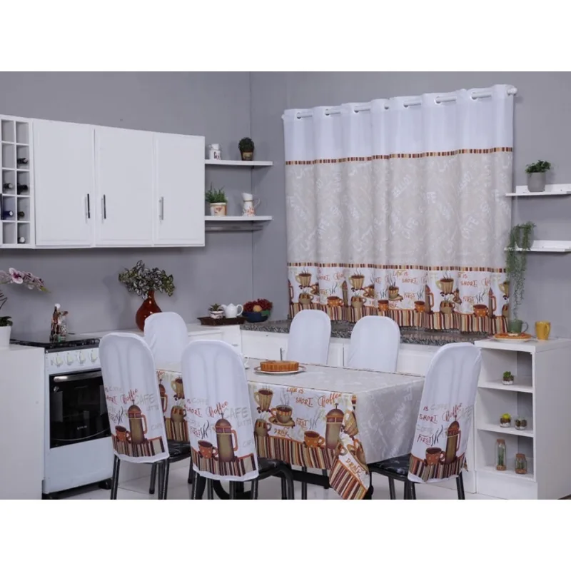 Kit 8 Capas de Cadeira + Toalha de Mesa + Cortina Sala de Jantar Cozinha dos Sonhos Completa Cappuccino Bege