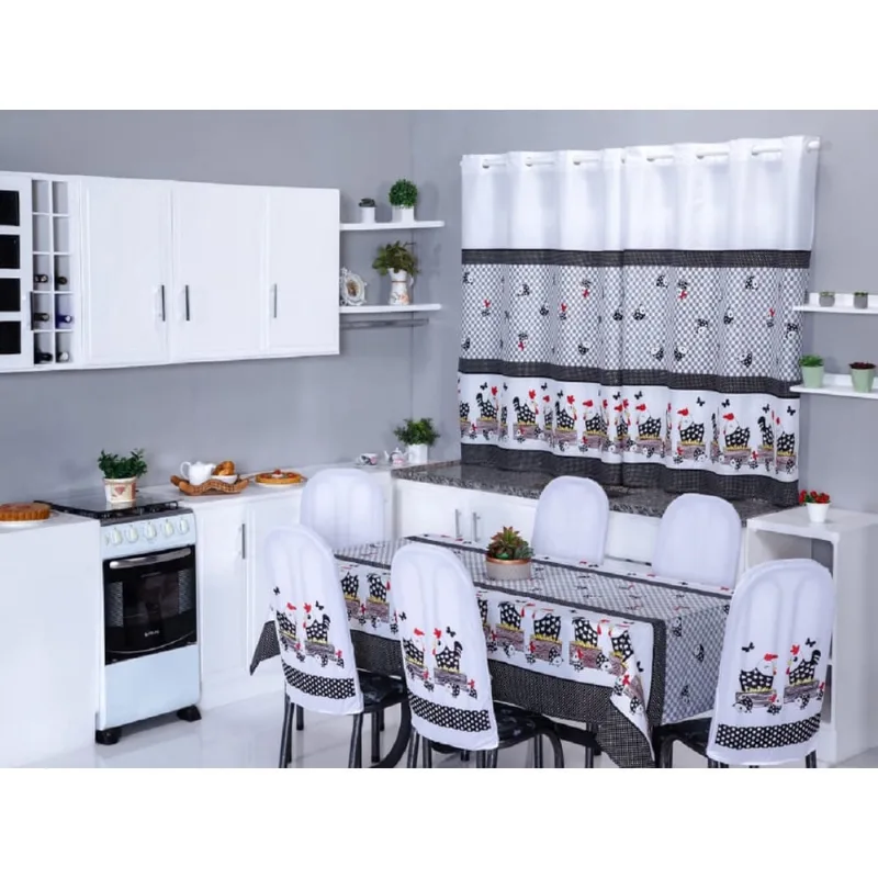 Kit 8 Capas de Cadeira + Toalha de Mesa + Cortina Sala de Jantar Cozinha dos Sonhos Completa Galinha da Angola