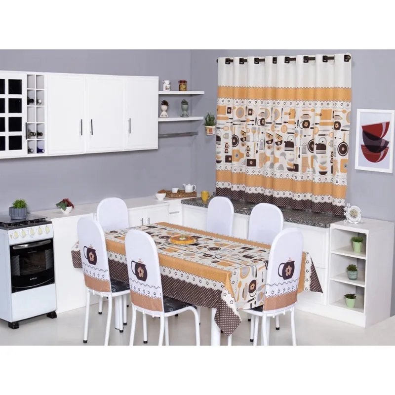 Kit 8 Capas de Cadeira + Toalha de Mesa + Cortina Sala de Jantar Cozinha dos Sonhos Completa Talher Laranja
