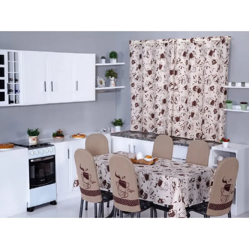 Kit 12 Capas de Cadeira + Toalha de Mesa + Cortina Sala de Jantar Cozinha dos Sonhos Completa Café Bege e Marrom