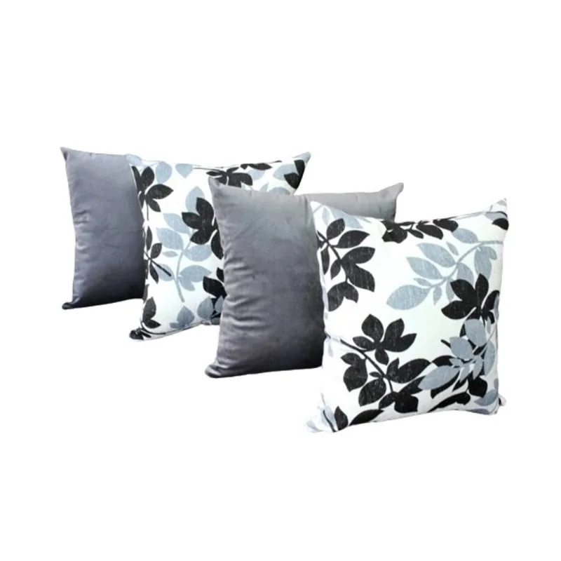 Kit 4 Capas de Almofada Decorativas Jacquard e Suede 45cm x 45cm com Zíper Folhas Cinza e Preto com Cinza