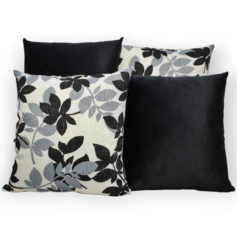 Kit 4 Capas de Almofada Decorativas Jacquard e Suede 45cm x 45cm com Zíper Folhas Cinza e Preto com Preto