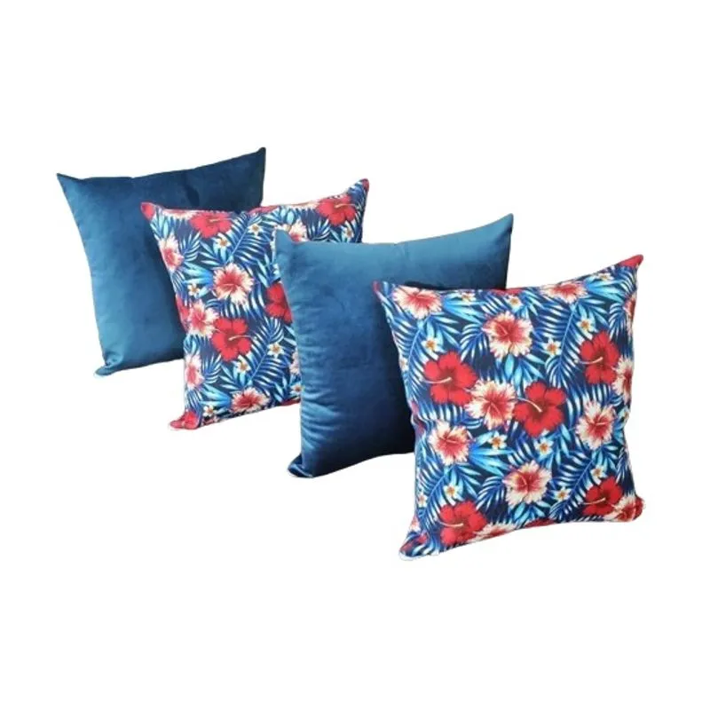Kit 4 Capas de Almofada Decorativas Jacquard e Suede 45cm x 45cm com Zíper Flor de Hibisco e Azul Marinho