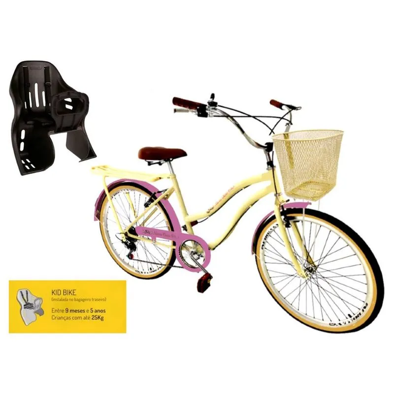 Bicicleta Aro 26 urbana com cesta metal 6v cadeirinha bege