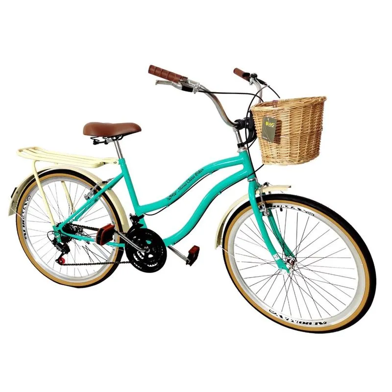 Bicicleta aro 26 retrô urbano 18v bagageiro cesta vime verde