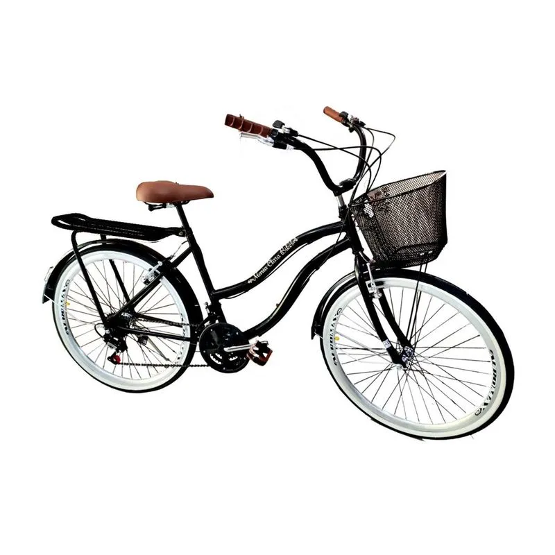 Bicicleta vintage passeio aro 26 cesta 18v bagageiro preto