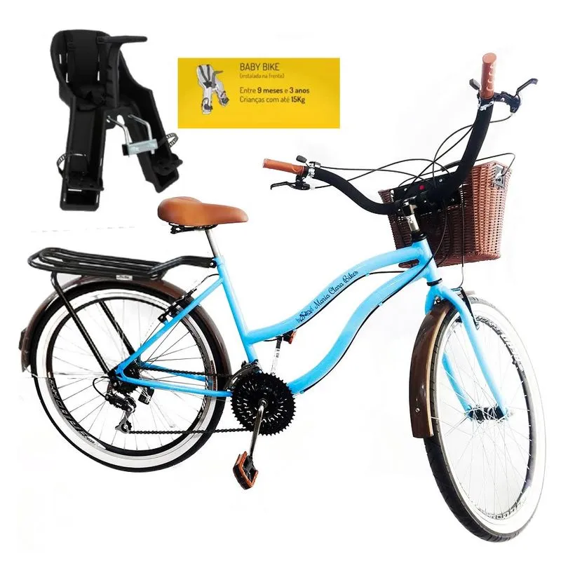 Bicicleta vintage aro 26 c/ cadeirinha 18v cesta vime azul