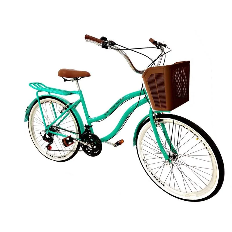 Bicicleta aro 26 vintage retrô 18v cesta bagageiro verde