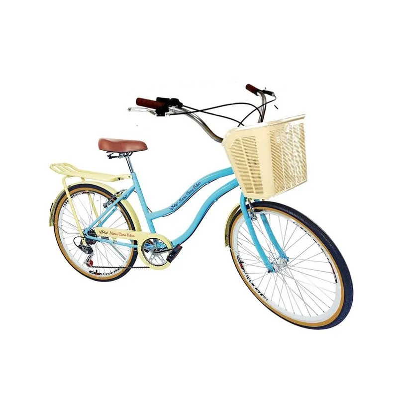 Bicicleta retrô passeio aro 26 cesta plast 6v bagageiro azul