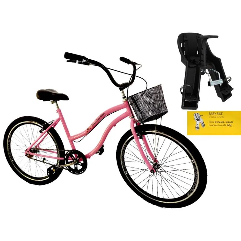 Bicicleta aro 26 com cadeirinha frontal cesta s/marcha rosa