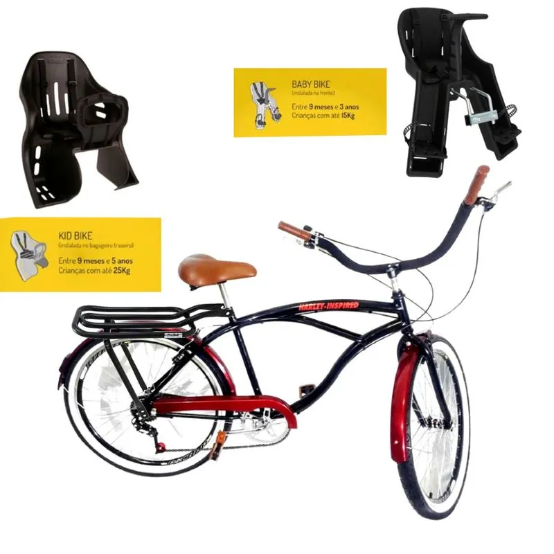 Bicicleta Aro 26 Retrô caiçara Com Par De Cadeirinhas Preto