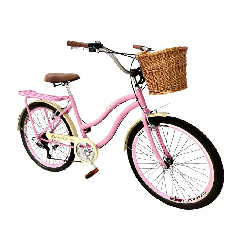 Bicicleta feminina aro 26 retrô 6 marchas vime bagageir rosa
