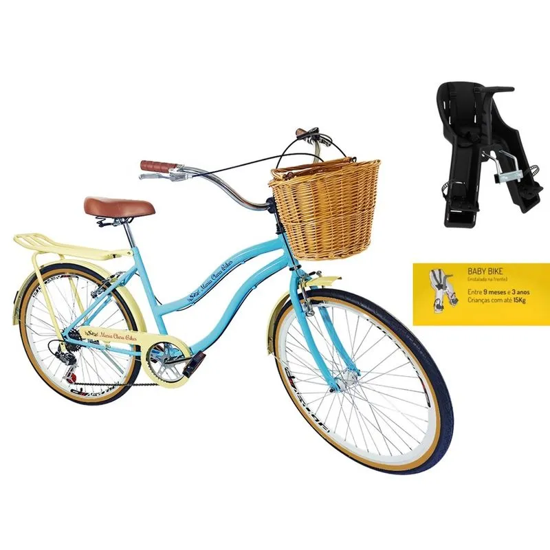 Bicicleta retrô aro 26 vime cadeirinha 6 marchas azulbbclaro