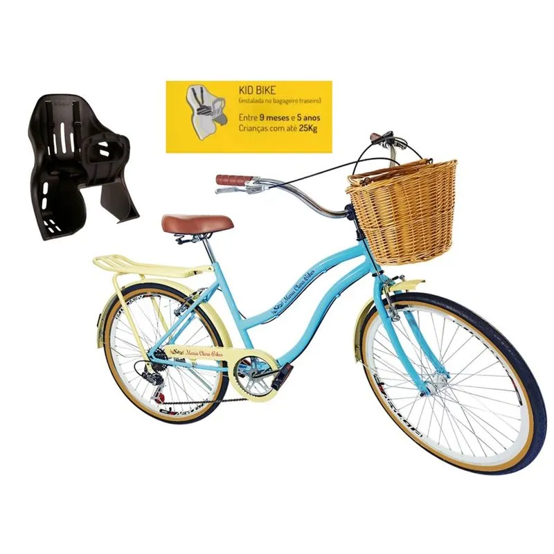 Bicicleta vintage aro 26 vime cadeirinha tras 6v azulbbclaro