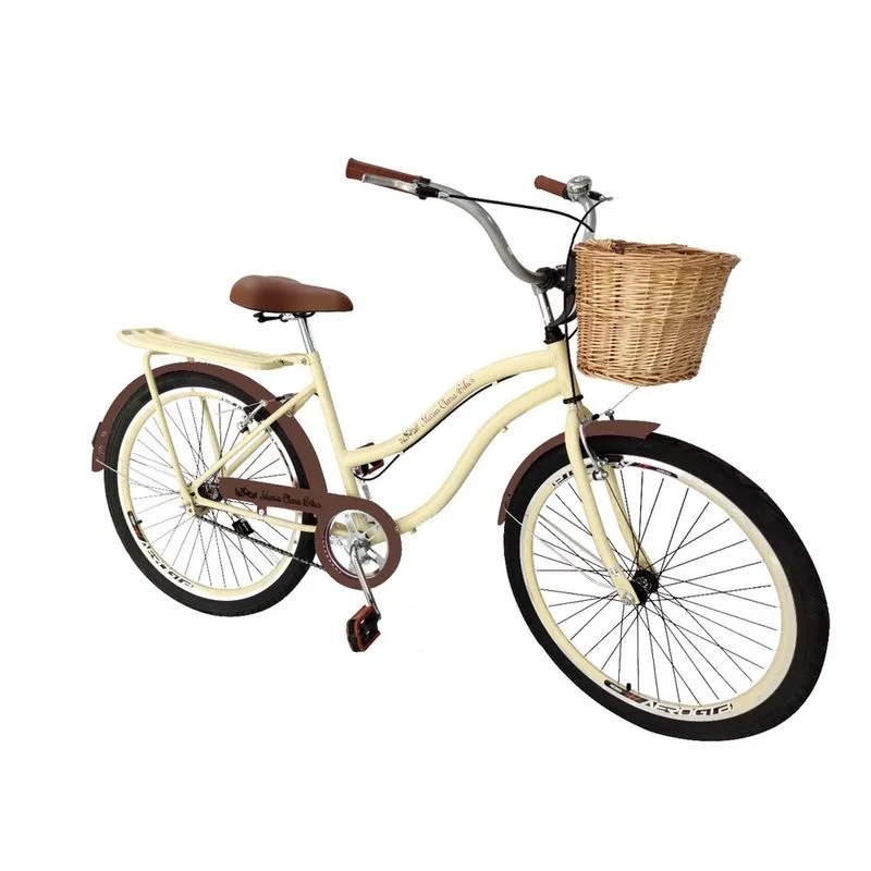 Bicicleta feminina retrô aro 26 vime bagageiro sem marchas