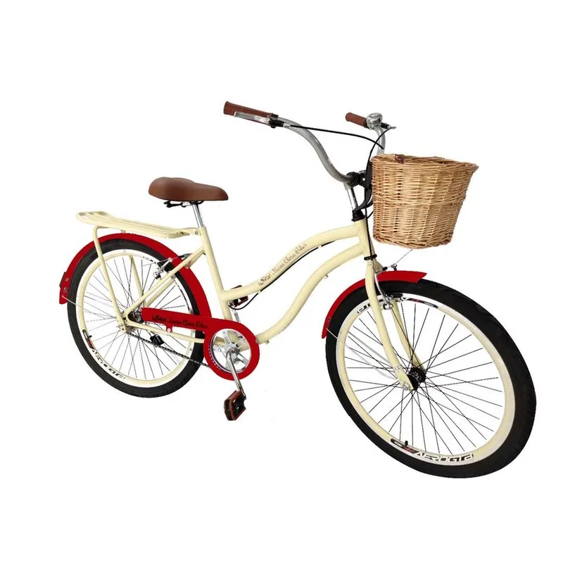 Bicicleta feminina aro 26 retrô vime bagageiro sem marchas