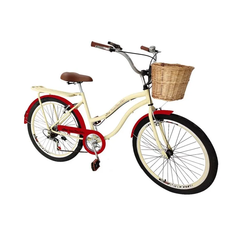 Bicicleta feminina aro 26 retrô vime 6 marchas garupa bege