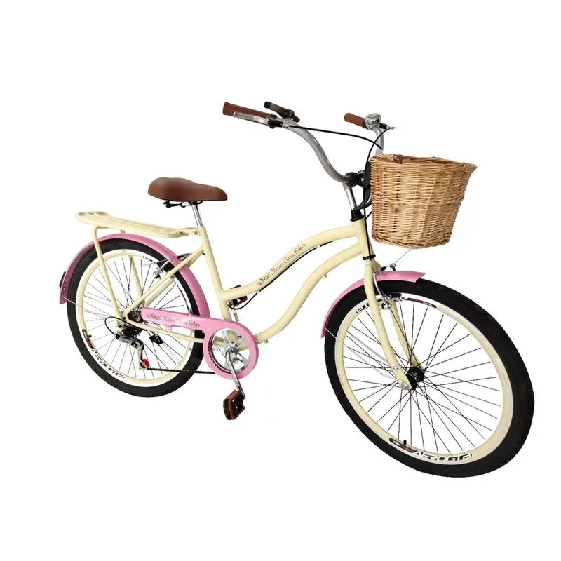 Bicicleta feminina aro 26 retrô vime 6 marchas garupa bege