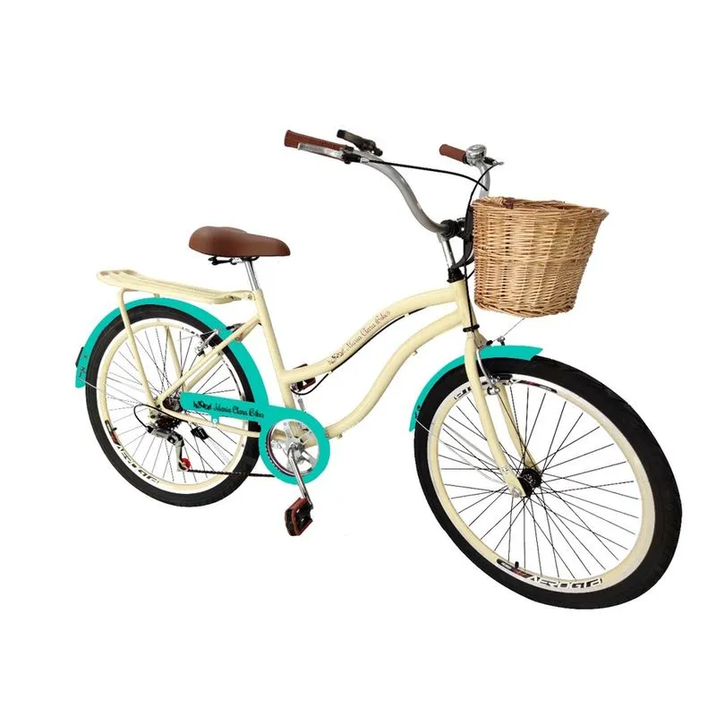 Bicicleta aro 26 retrô feminina c vime 6 marchas garupa bege