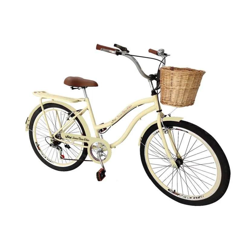 Bicicleta aro 26 retrô feminina c vime 6 marchas garupa bege