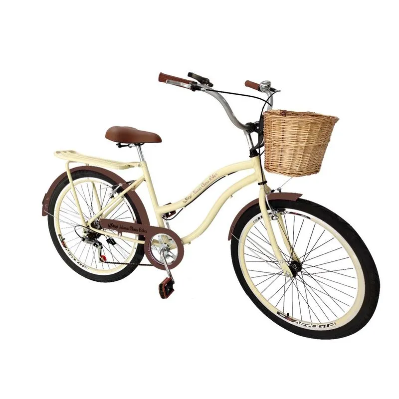 Bicicleta aro 26 retrô feminina c vime 6 marchas garupa bege