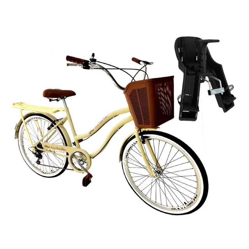 Bicicleta feminina aro 26 retrô 6 marchas cadeirinha frontal