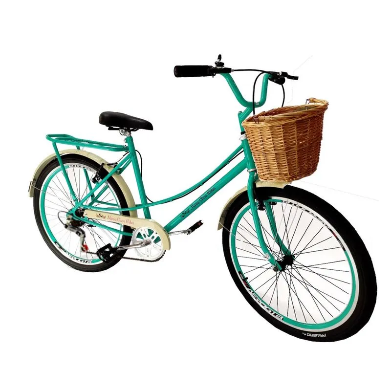Bicicleta feminina Aro 26 retrô c/ cesta vime 6 marchas mary