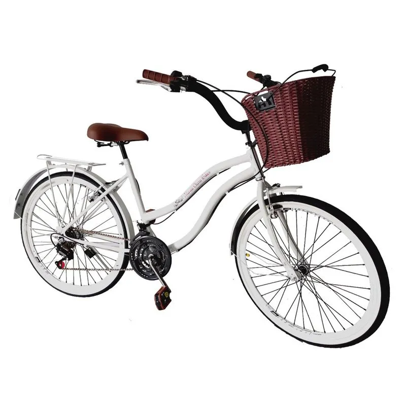 Bicicleta aro 26 retrô 18 marchas com cesta bagageiro branco
