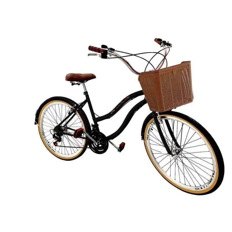 Bicicleta Vintage Retrô aro 26 com cestinha18 Marchas Preto