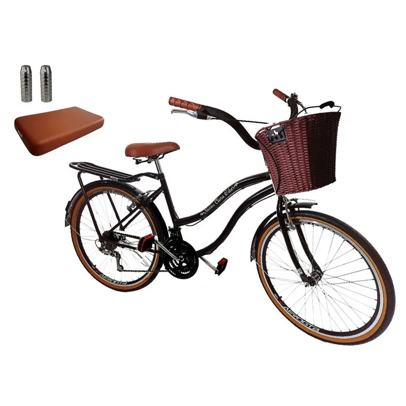 Bicicleta aro 26 c/ cesta vime sintético assento pedaleiras