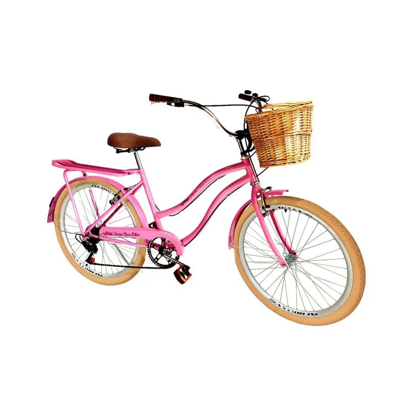 Bicicleta aro 26 retro 6 marchas com cesta vime bagageiro