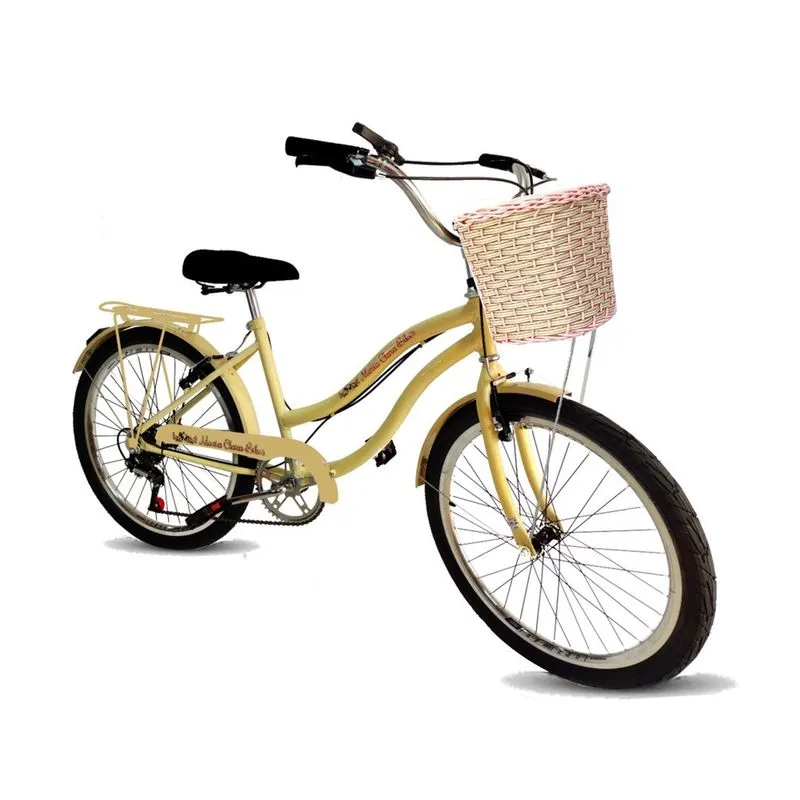 Bicicleta urbana aro 26 cestinha tipo vime 6 marchas bege