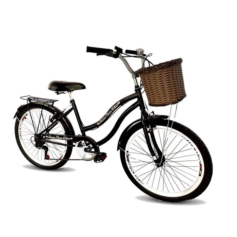 Bicicleta aro 26 retrô c/ cestinha tipo vime 6 marchas preto