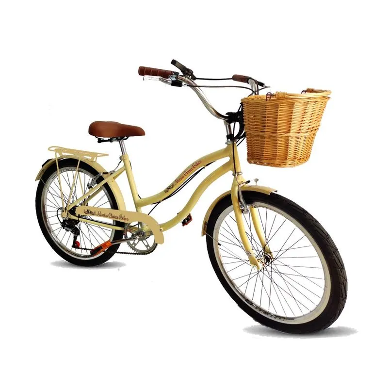 Bicicleta retrô aro 26 com cesta de vime 6 marchas bege