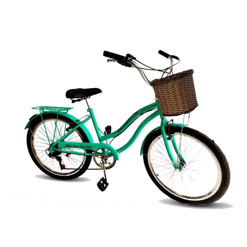 Bicicleta aro 24 retrô vintage feminina 6 marchas verde água