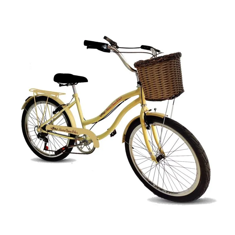 Bicicleta aro 24 retrô vintage feminina cesta 6 marchas bege