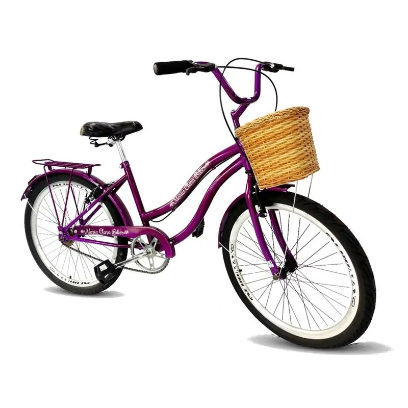 Bicicleta retrô aro 24 cestinha tipo vime s/ marchas violeta