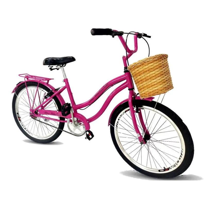 Bicicleta retrô aro 24 com cestinha tipo vime s/ marcha pink