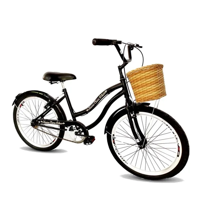 Bicicleta aro 26 com cesta tipo vime urbana sem marcha preto