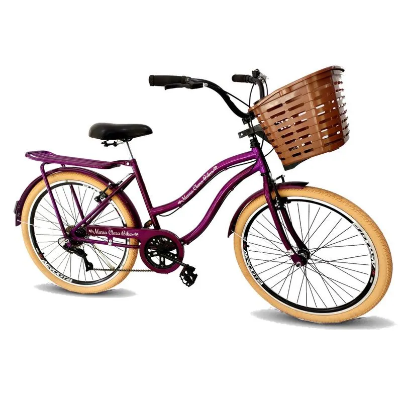 Bicicleta feminina aro 26 retrô com cestão 6 marchas violeta