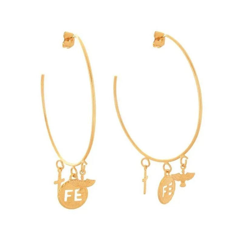 Brinco Feminino De Argola Fé, Espirito Santo E Cruz Banhado Em Ouro 18k