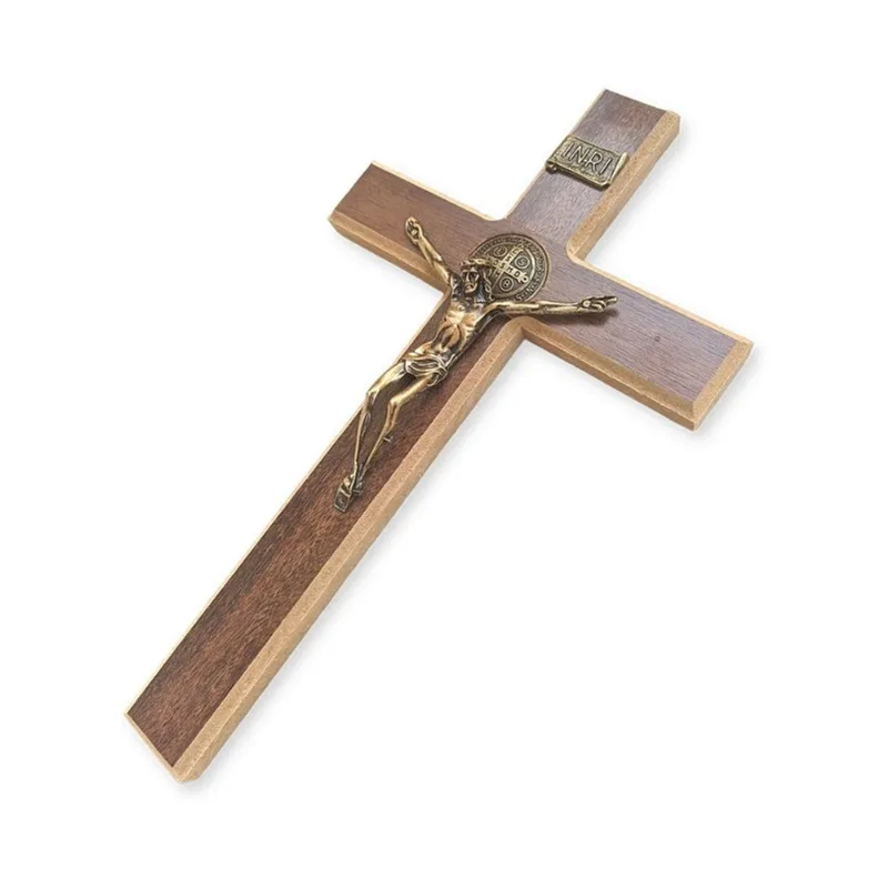Cruz Com Crucifixo De Jesus E São Bento Em Madeira 31cm