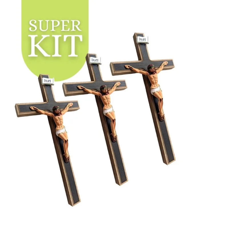 Kit 15 Cruz Crucifixo de Madeira 24,5cm Atacado Revenda