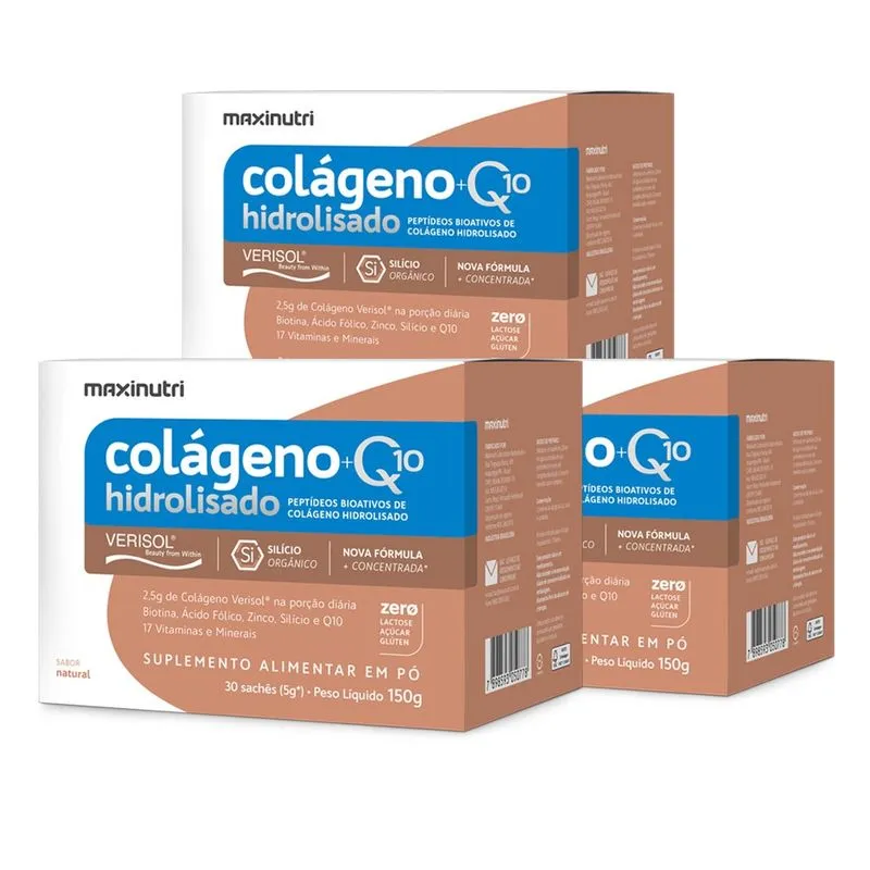 Kit 3 Colágeno Verisol Natural Sachês 30X5G + Q10 Maxinutri