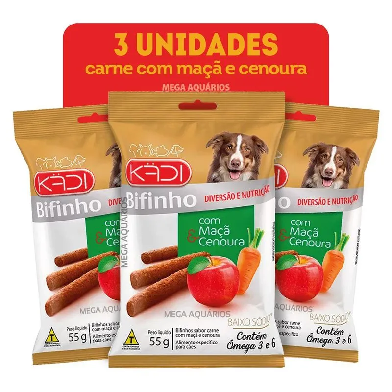 Petisco Bifinho Snack Carne Maçã Cenoura Kadi Kit 3 Unidades