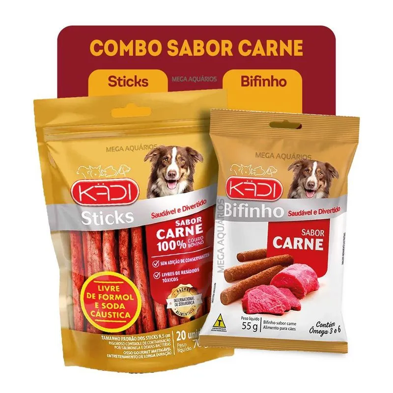 Combo Sticks Mordedor Osso + Bifinho Snack Sabor Carne Kadi